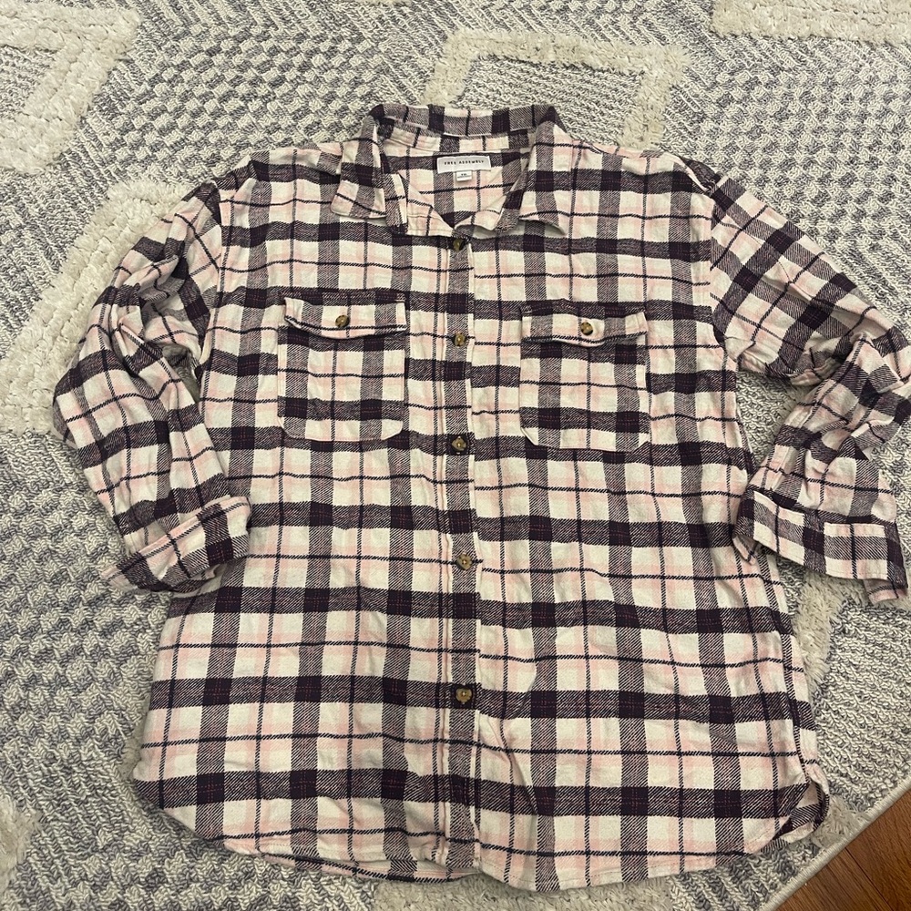Free Assembly Pink Navy Cream Button Down Flannel Plaid Shirt Youth XXL